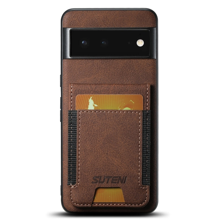 For Google Pixel 6 Suteni H03 Litchi Leather Card Bag Stand Back Phone Case(Brown) by Suteni