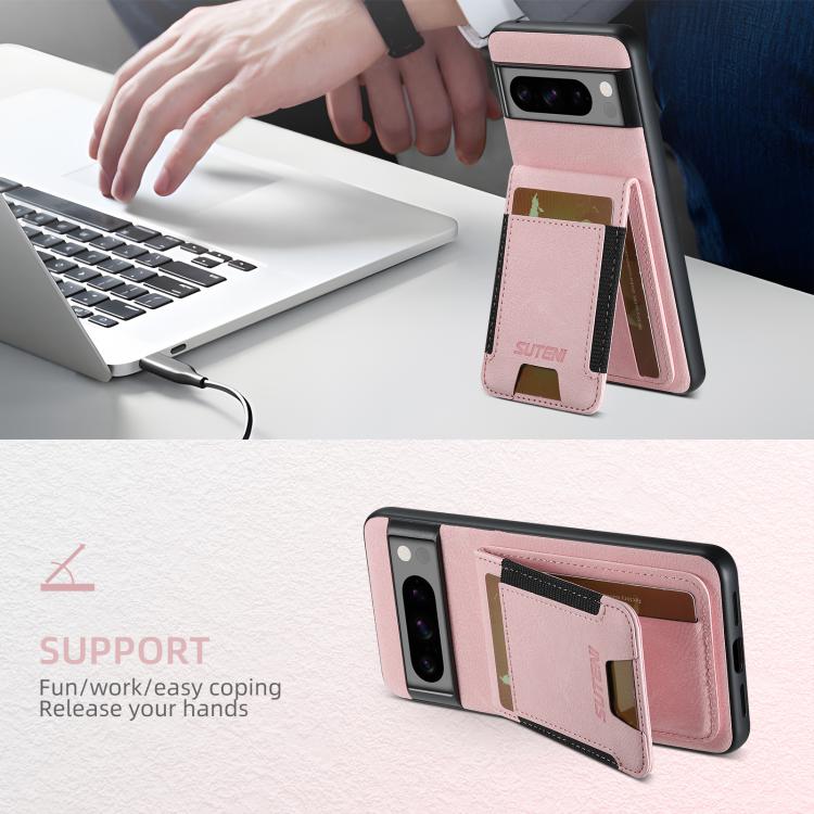 For Google Pixel 9 Pro Suteni H03 Litchi Leather Card Bag Stand Back Phone Case(Pink) by Suteni