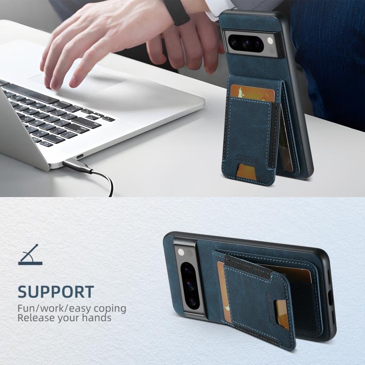 For Google Pixel 9 Suteni H03 Litchi Leather Card Bag Stand Back Phone Case(Blue) by Suteni