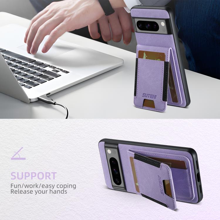 For Google Pixel 9 Suteni H03 Litchi Leather Card Bag Stand Back Phone Case(Purple) by Suteni