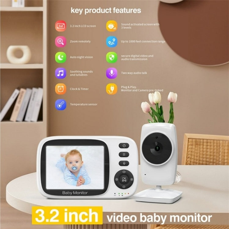 MC632A 2 Way Voice Talk Temperature Monitoring Baby Camera 3.2 inch Screen Baby Monitor(US Plug) by bashfashion