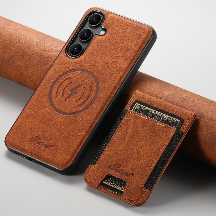 For Samsung Galaxy S25+ 5G Suteni H17 Litchi Texture Leather MagSafe Detachable Wallet Phone Case(Khaki) by Suteni