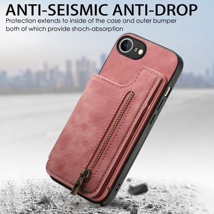 For iPhone 16e Retro Leather Zipper Wallet Back Phone Case(Pink) by bashfashion