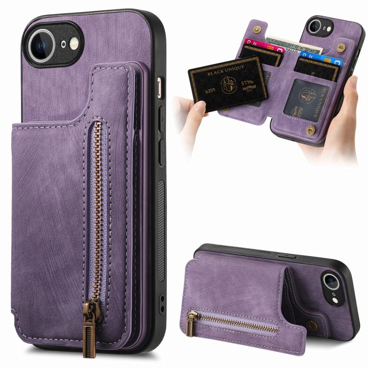 For iPhone 16e Retro Leather Zipper Wallet Back Phone Case(Purple) by bashfashion