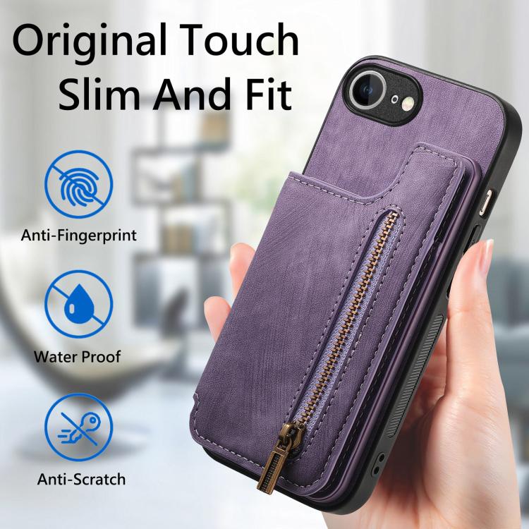 For iPhone 16e Retro Leather Zipper Wallet Back Phone Case(Purple) by bashfashion