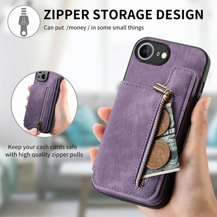 For iPhone 16e Retro Leather Zipper Wallet Back Phone Case(Purple) by bashfashion