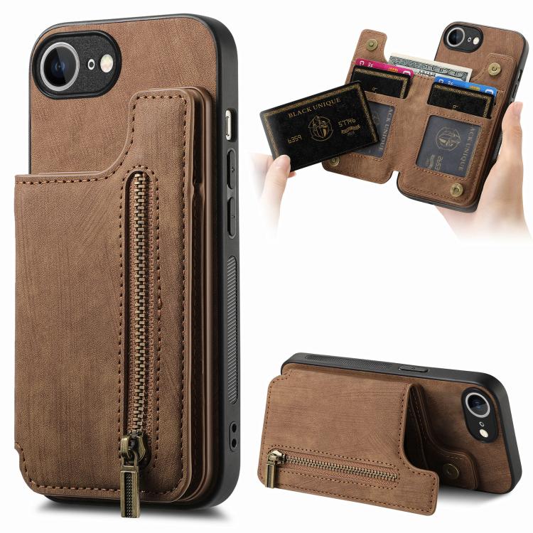 For iPhone 16e Retro Leather Zipper Wallet Back Phone Case(Brown) by bashfashion