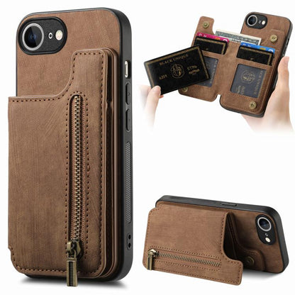For iPhone 16e Retro Leather Zipper Wallet Back Phone Case(Brown) by bashfashion