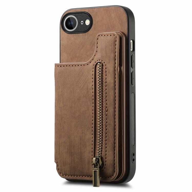For iPhone 16e Retro Leather Zipper Wallet Back Phone Case(Brown) by bashfashion