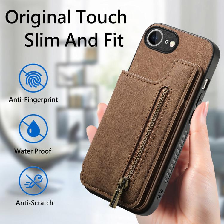 For iPhone 16e Retro Leather Zipper Wallet Back Phone Case(Brown) by bashfashion