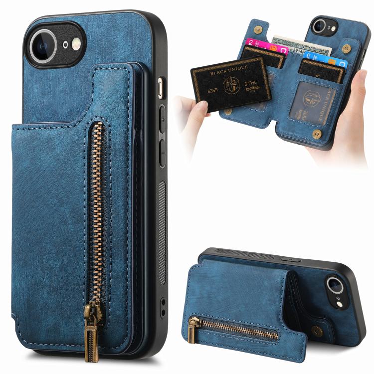 For iPhone 16e Retro Leather Zipper Wallet Back Phone Case(Blue) by bashfashion