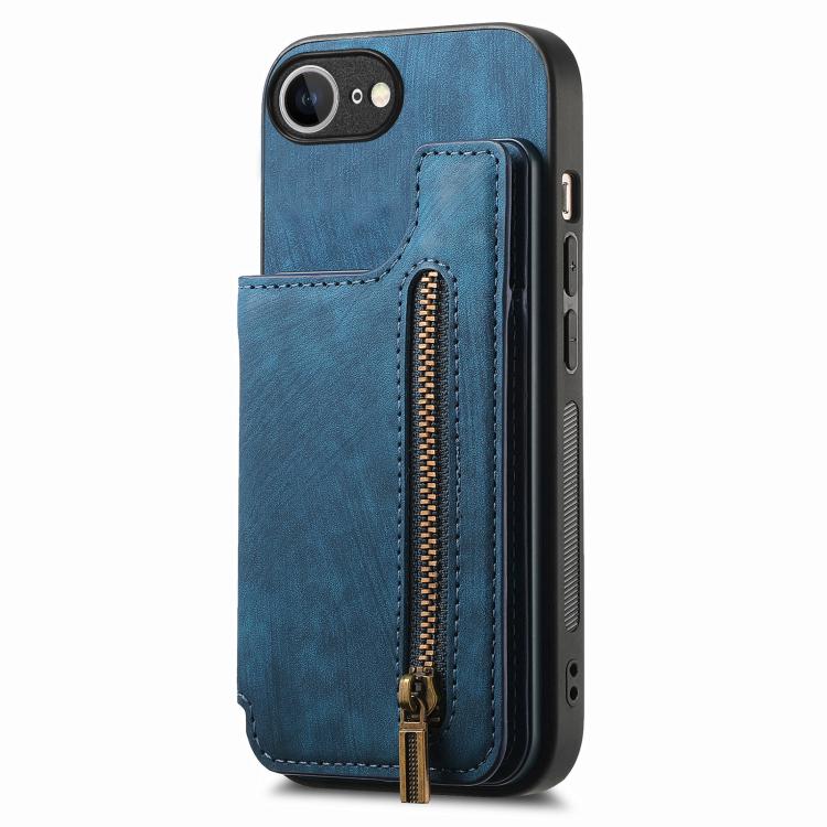 For iPhone 16e Retro Leather Zipper Wallet Back Phone Case(Blue) by bashfashion