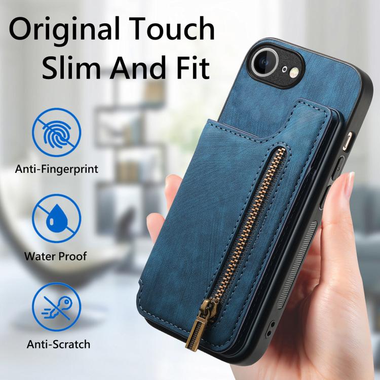 For iPhone 16e Retro Leather Zipper Wallet Back Phone Case(Blue) by bashfashion