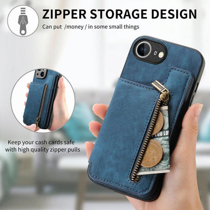 For iPhone 16e Retro Leather Zipper Wallet Back Phone Case(Blue) by bashfashion