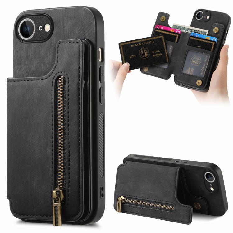 For iPhone 16e Retro Leather Zipper Wallet Back Phone Case(Black) by bashfashion