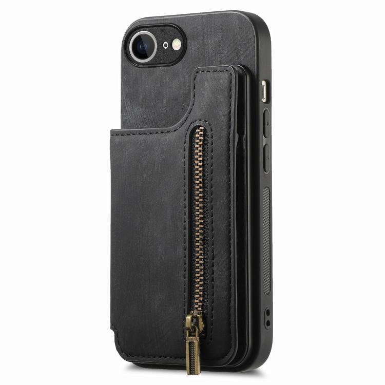 For iPhone 16e Retro Leather Zipper Wallet Back Phone Case(Black) by bashfashion