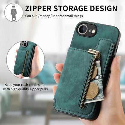 For iPhone 16e Retro Leather Zipper Wallet Back Phone Case(Green) by bashfashion