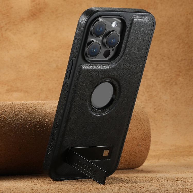 For iPhone 15 Pro Suteni G2 Magsafe Oil Wax Leather Back Phone Case with Holder(Black) by Suteni