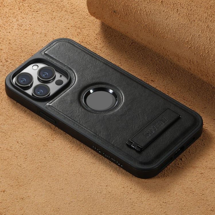 For iPhone 15 Pro Suteni G2 Magsafe Oil Wax Leather Back Phone Case with Holder(Black) by Suteni