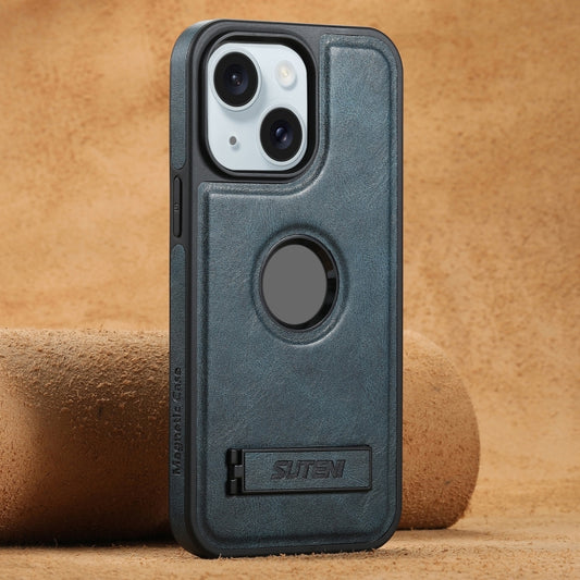 For iPhone 15 Plus Suteni G2 Magsafe Oil Wax Leather Back Phone Case with Holder(Blue) by Suteni