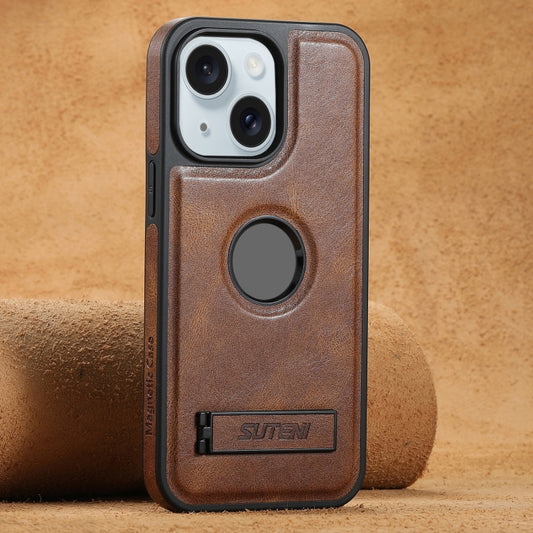For iPhone 15 Suteni G2 Magsafe Oil Wax Leather Back Phone Case with Holder(Brown) by Suteni