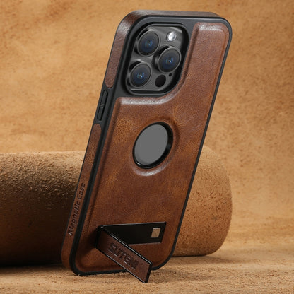For iPhone 14 Plus Suteni G2 Magsafe Oil Wax Leather Back Phone Case with Holder(Brown) by Suteni