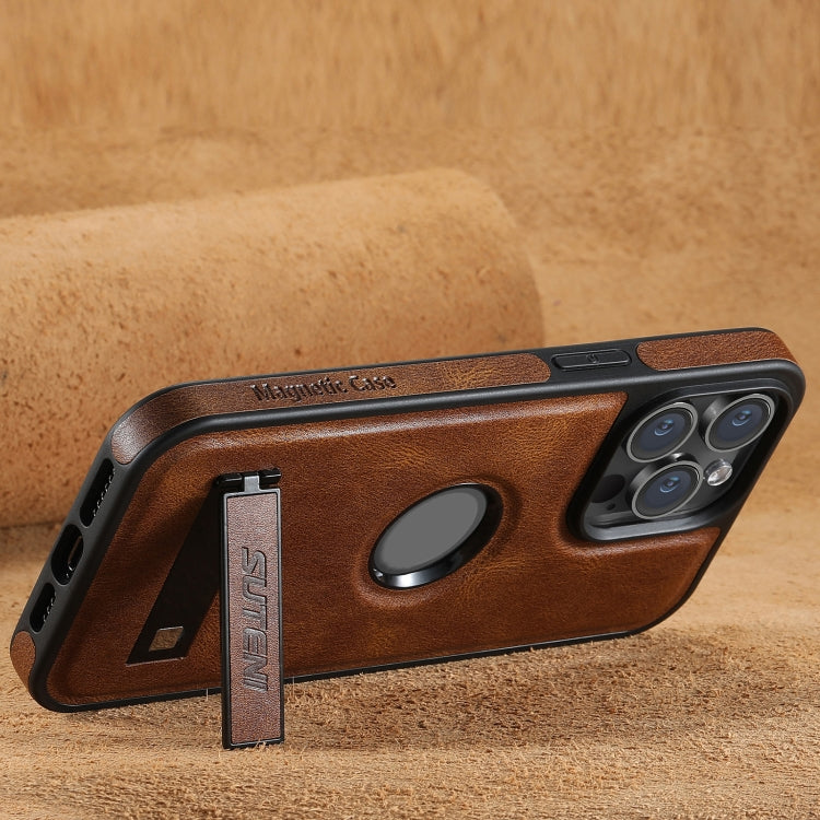For iPhone 14 Pro Suteni G2 Magsafe Oil Wax Leather Back Phone Case with Holder(Brown) by Suteni