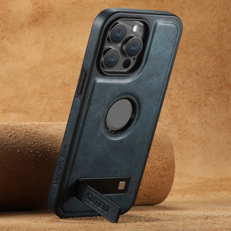 For iPhone 13 Suteni G2 Magsafe Oil Wax Leather Back Phone Case with Holder(Blue) by Suteni