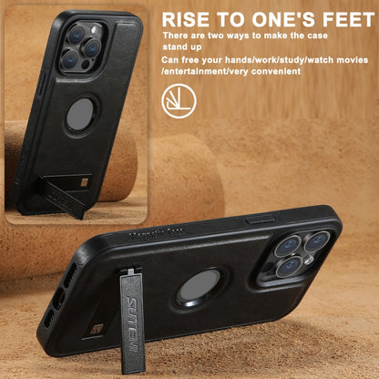 For iPhone 16 Suteni G2 Magsafe Oil Wax Leather Back Phone Case with Holder(Black) by Suteni