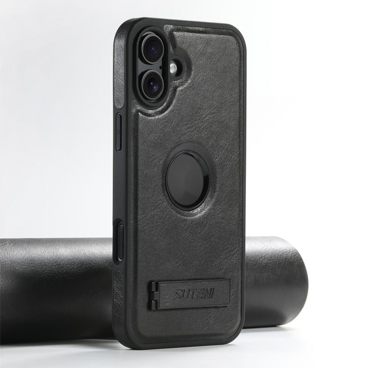 For iPhone 16 Suteni G2 Magsafe Oil Wax Leather Back Phone Case with Holder(Black) by Suteni