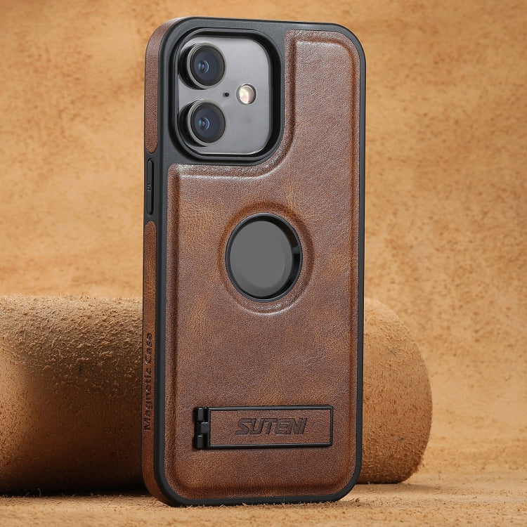 For iPhone 16 Suteni G2 Magsafe Oil Wax Leather Back Phone Case with Holder(Brown) by Suteni