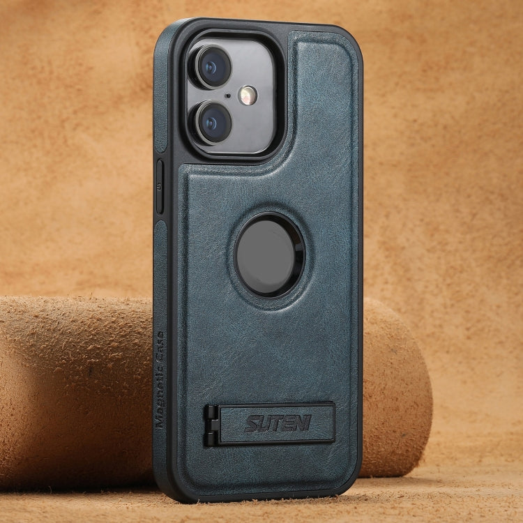For iPhone 16 Suteni G2 Magsafe Oil Wax Leather Back Phone Case with Holder(Blue) by Suteni