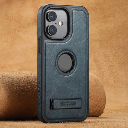 For iPhone 16 Suteni G2 Magsafe Oil Wax Leather Back Phone Case with Holder(Blue) by Suteni