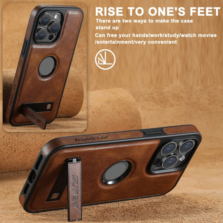 For iPhone 16 Pro Suteni G2 Magsafe Oil Wax Leather Back Phone Case with Holder(Brown) by Suteni