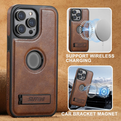 For iPhone 16 Suteni G2 Magsafe Oil Wax Leather Back Phone Case with Holder(Brown) by Suteni