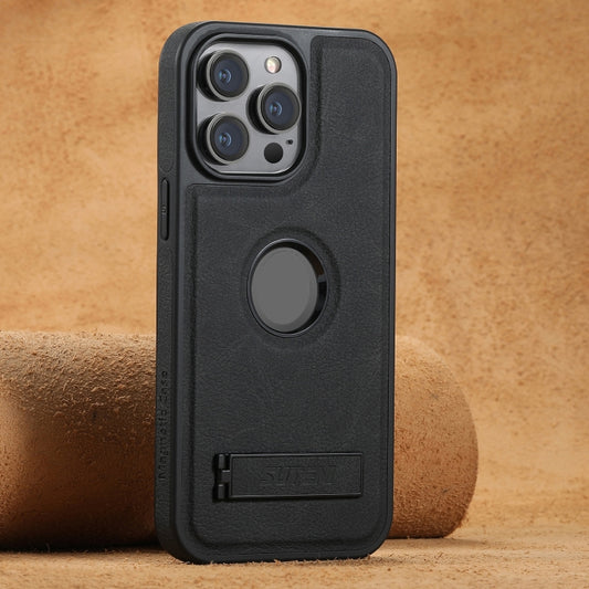 For iPhone 15 Pro Max Suteni G2 Magsafe Litchi Texture Leather Back Phone Case with Holder(Black) by Suteni