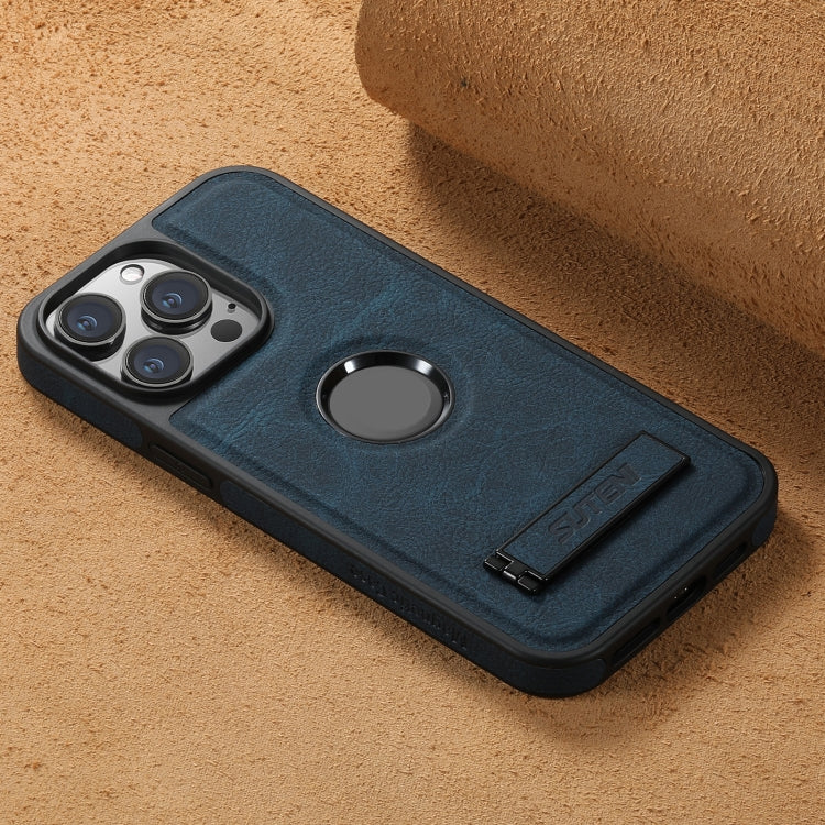 For iPhone 15 Pro Max Suteni G2 Magsafe Litchi Texture Leather Back Phone Case with Holder(Blue) by Suteni