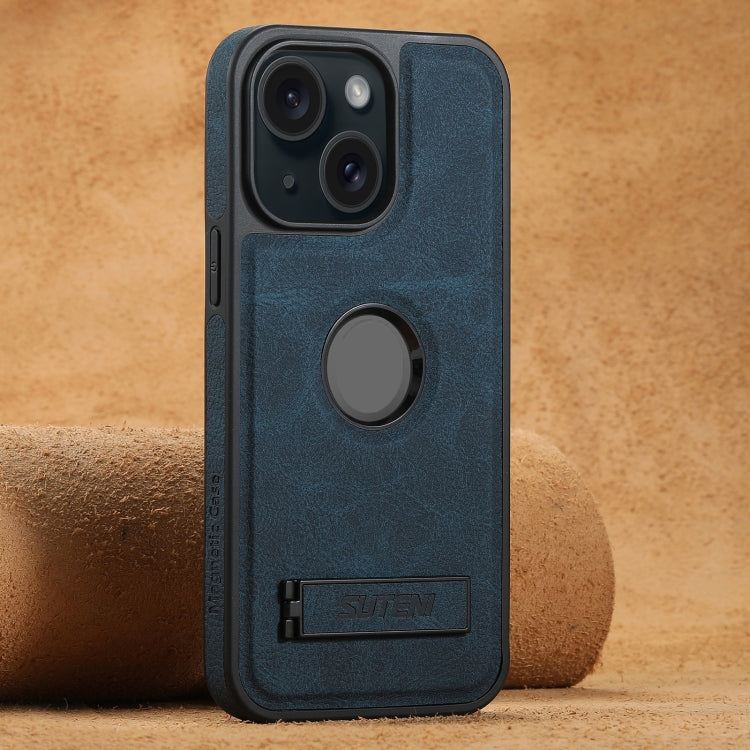 For iPhone 15 Suteni G2 Magsafe Litchi Texture Leather Back Phone Case with Holder(Blue) by Suteni