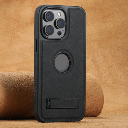 For iPhone 14 Pro Suteni G2 Magsafe Litchi Texture Leather Back Phone Case with Holder(Black) by Suteni