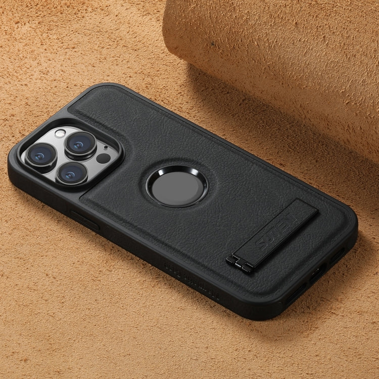 For iPhone 14 Pro Suteni G2 Magsafe Litchi Texture Leather Back Phone Case with Holder(Black) by Suteni
