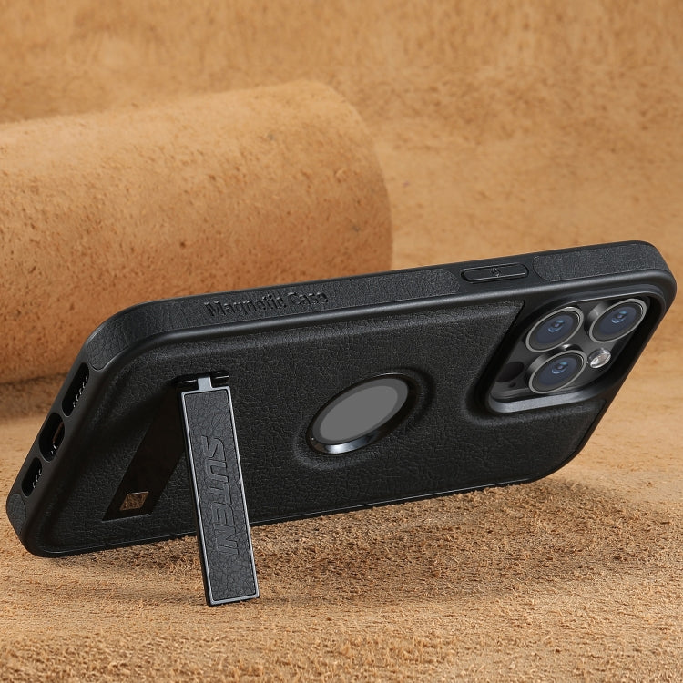 For iPhone 14 Pro Max Suteni G2 Magsafe Litchi Texture Leather Back Phone Case with Holder(Black) by Suteni