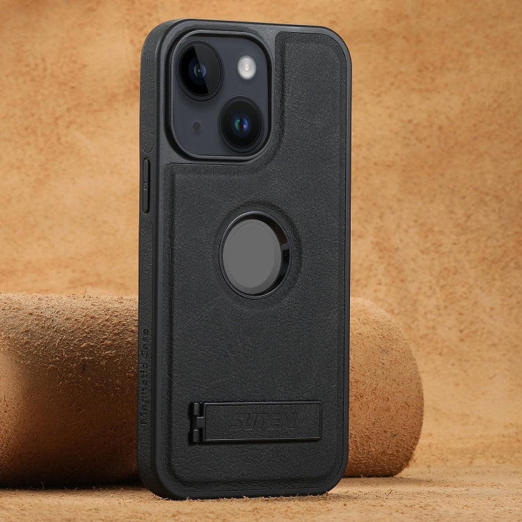 For iPhone 13 Suteni G2 Magsafe Litchi Texture Leather Back Phone Case with Holder(Black) by Suteni
