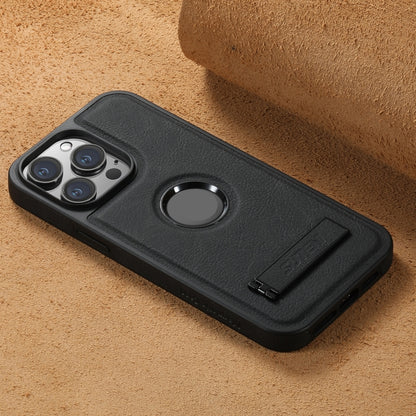 For iPhone 13 Suteni G2 Magsafe Litchi Texture Leather Back Phone Case with Holder(Black) by Suteni