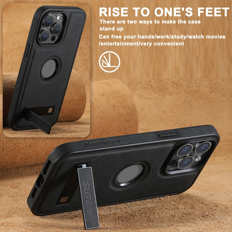 For iPhone 16 Suteni G2 Magsafe Litchi Texture Leather Back Phone Case with Holder(Black) by Suteni
