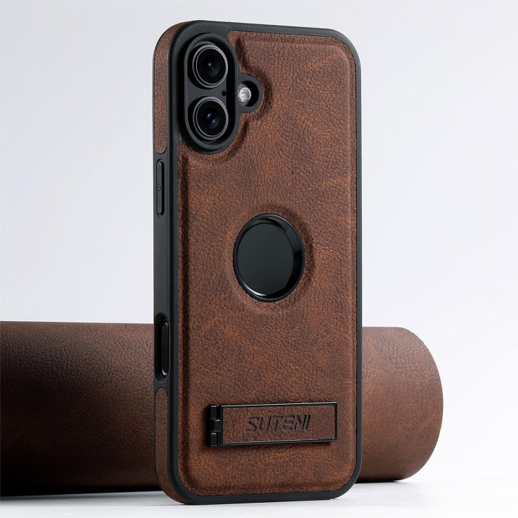 For iPhone 16 Suteni G2 Magsafe Litchi Texture Leather Back Phone Case with Holder(Brown) by Suteni