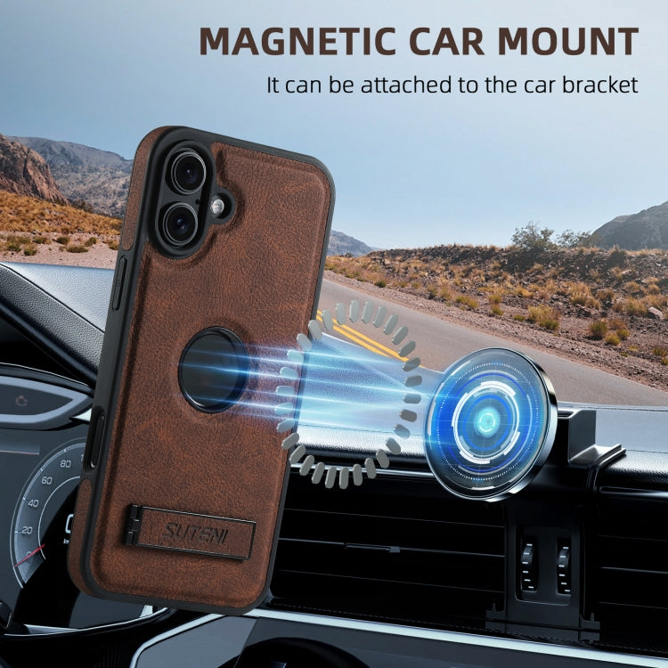 For iPhone 16 Suteni G2 Magsafe Litchi Texture Leather Back Phone Case with Holder(Brown) by Suteni
