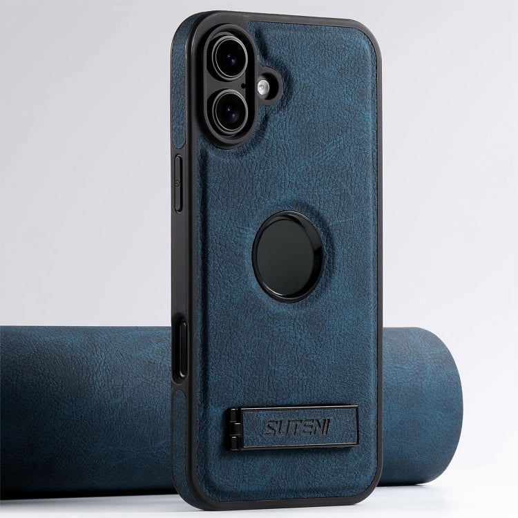 For iPhone 16 Suteni G2 Magsafe Litchi Texture Leather Back Phone Case with Holder(Blue) by Suteni