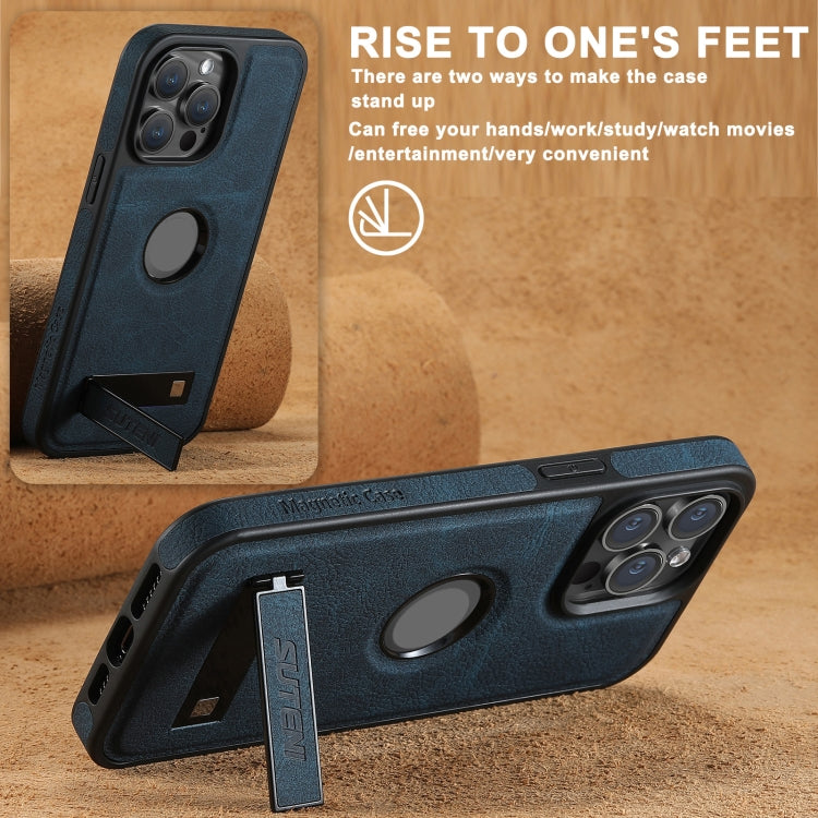 For iPhone 16 Suteni G2 Magsafe Litchi Texture Leather Back Phone Case with Holder(Blue) by Suteni