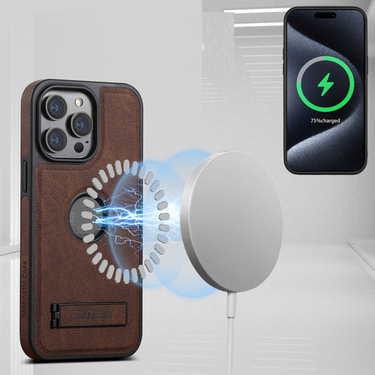 For iPhone 16 Pro Suteni G2 Magsafe Litchi Texture Leather Back Phone Case with Holder(Brown) by Suteni