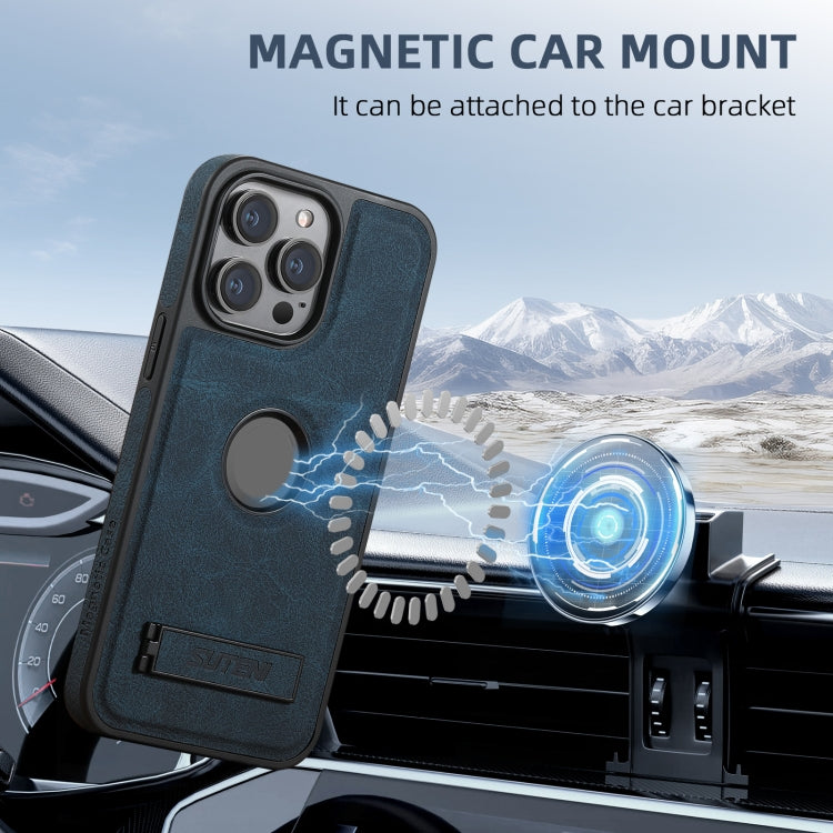 For iPhone 16 Pro Suteni G2 Magsafe Litchi Texture Leather Back Phone Case with Holder(Blue) by Suteni